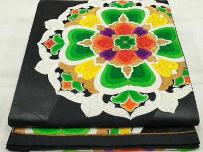 平和屋着物◎六通柄袋帯 唐織 正倉院花文 黒地 金糸 正絹 逸品 DAAT2970qa
