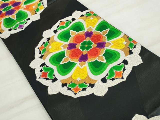 平和屋着物◎六通柄袋帯 唐織 正倉院花文 黒地 金糸 正絹 逸品 DAAT2970qa