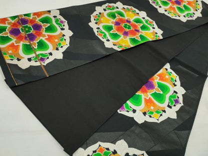 平和屋着物◎六通柄袋帯 唐織 正倉院花文 黒地 金糸 正絹 逸品 DAAT2970qa