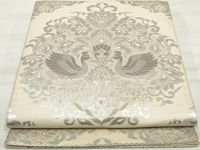 平和屋着物◎六通柄袋帯　向い鳥更紗花文　銀糸　正絹　逸品　DAAT2983qa