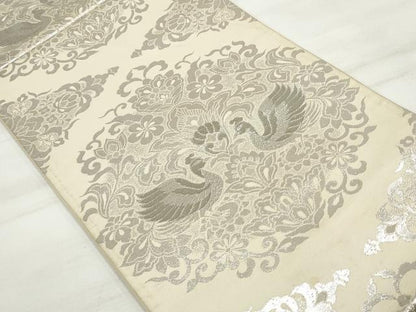 平和屋着物◎六通柄袋帯　向い鳥更紗花文　銀糸　正絹　逸品　DAAT2983qa