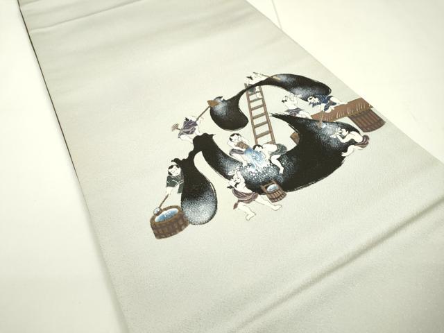 平和屋着物▼希少　太鼓柄袋帯　手描き　心洗う　人物文　銀通し地　正絹　逸品　DAAT3432fe