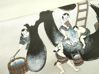 平和屋着物▼希少　太鼓柄袋帯　手描き　心洗う　人物文　銀通し地　正絹　逸品　DAAT3432fe