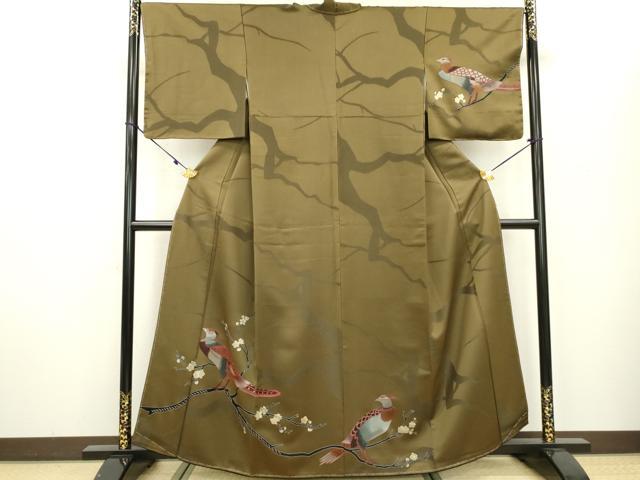 平和屋着物●キモノデザイナー　斉藤上太郎　訪問着　枝花に休み鳥　金彩　反端付き　媚茶色　正絹　逸品　未使用　DAAT3627fe