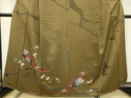 平和屋着物●キモノデザイナー　斉藤上太郎　訪問着　枝花に休み鳥　金彩　反端付き　媚茶色　正絹　逸品　未使用　DAAT3627fe