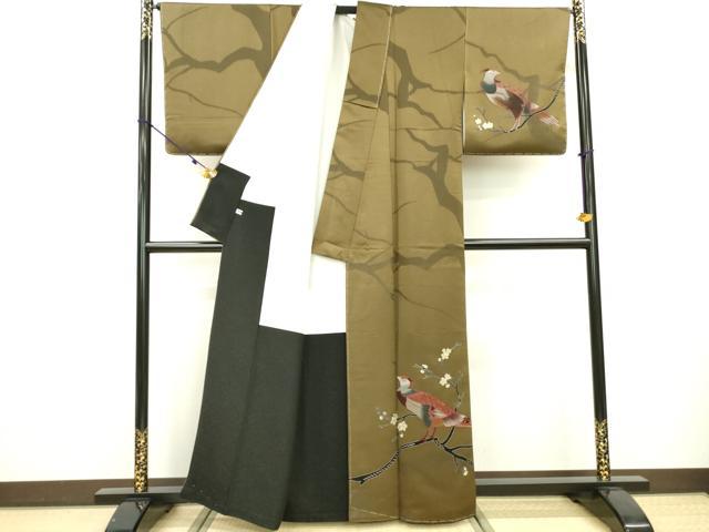 平和屋着物●キモノデザイナー　斉藤上太郎　訪問着　枝花に休み鳥　金彩　反端付き　媚茶色　正絹　逸品　未使用　DAAT3627fe