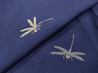 平和屋着物▽訪問着 単衣 お召地 刺繍 蜻蛉 とんぼ 金糸 紅桔梗色 正絹 逸品 DAAT3642fe