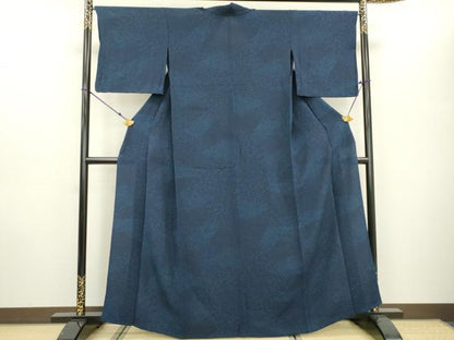 平和屋着物▽本藍 型絵染 小紋 単衣 草花 鬼しぼ縮緬 正絹 逸品 DAAT3644fe