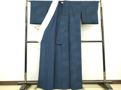 平和屋着物▽本藍 型絵染 小紋 単衣 草花 鬼しぼ縮緬 正絹 逸品 DAAT3644fe