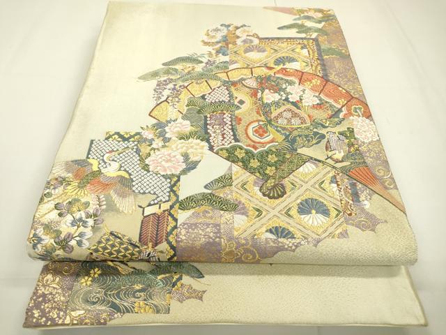 平和屋着物▼六通柄袋帯 紹巴 檜扇吉祥飛鶴花文 金糸 正絹 逸品 DAAT3942fe