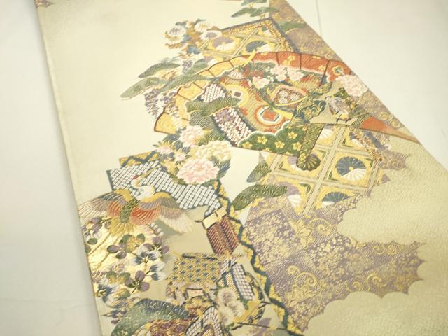 平和屋着物▼六通柄袋帯 紹巴 檜扇吉祥飛鶴花文 金糸 正絹 逸品 DAAT3942fe