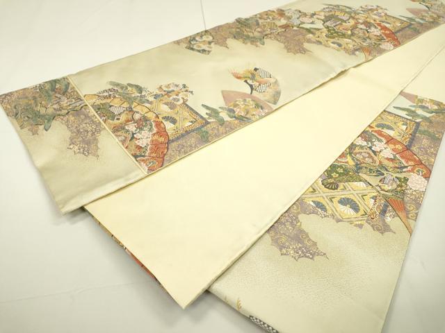 平和屋着物▼六通柄袋帯 紹巴 檜扇吉祥飛鶴花文 金糸 正絹 逸品 DAAT3942fe