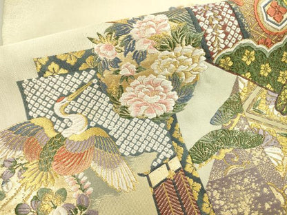 平和屋着物▼六通柄袋帯 紹巴 檜扇吉祥飛鶴花文 金糸 正絹 逸品 DAAT3942fe
