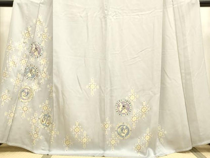 平和屋着物▽訪問着　単衣　駒刺繍　狩猟花鳥文　銀彩　正絹　逸品　DAAT4421du