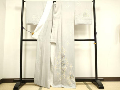 平和屋着物▽訪問着　単衣　駒刺繍　狩猟花鳥文　銀彩　正絹　逸品　DAAT4421du