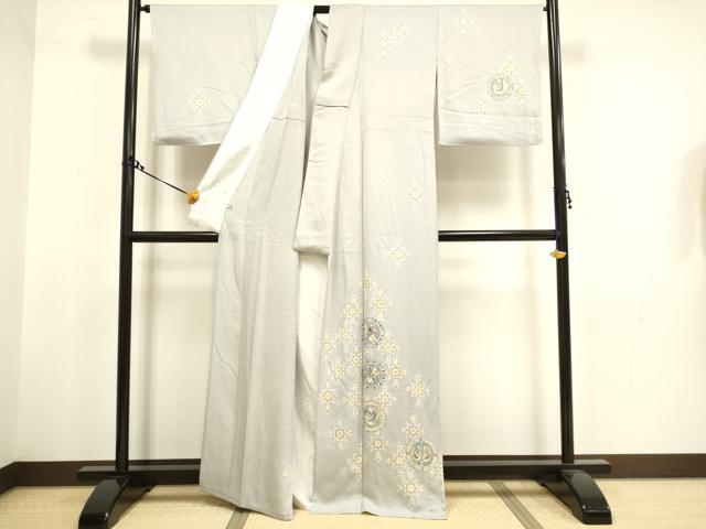 平和屋着物▽訪問着　単衣　駒刺繍　狩猟花鳥文　銀彩　正絹　逸品　DAAT4421du