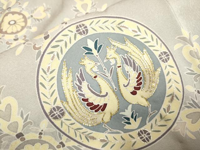 平和屋着物▽訪問着　単衣　駒刺繍　狩猟花鳥文　銀彩　正絹　逸品　DAAT4421du