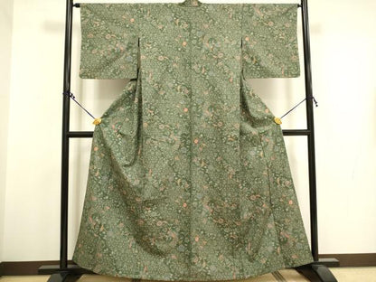平和屋着物▽上質な小紋 単衣 紬地 更紗花鳥文 正絹 逸品 DAAT4432du
