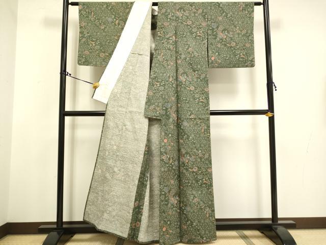 平和屋着物▽上質な小紋 単衣 紬地 更紗花鳥文 正絹 逸品 DAAT4432du