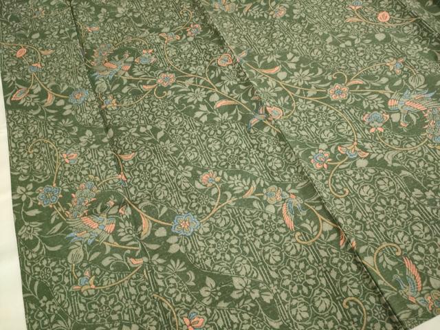 平和屋着物▽上質な小紋 単衣 紬地 更紗花鳥文 正絹 逸品 DAAT4432du