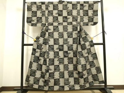 平和屋着物▽上質な紬　単衣　市松花文　正絹　逸品　DAAT4436du