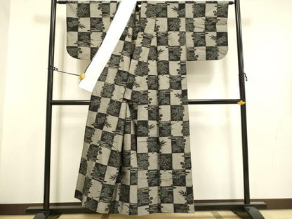 平和屋着物▽上質な紬　単衣　市松花文　正絹　逸品　DAAT4436du