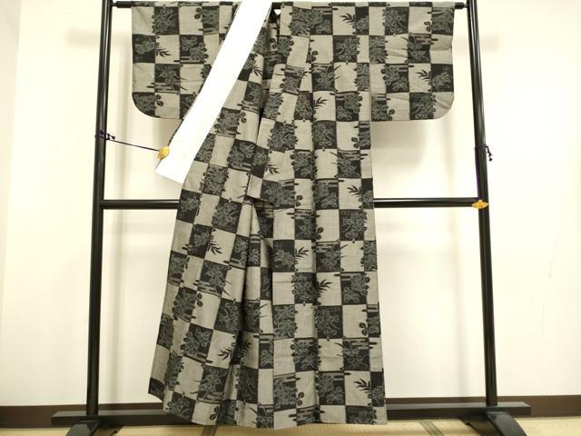 平和屋着物▽上質な紬　単衣　市松花文　正絹　逸品　DAAT4436du