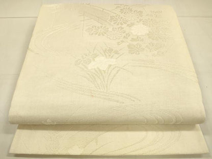 平和屋着物＊夏物　六通柄袋帯　流水渡橋草花文　銀糸　正絹　逸品　DAAT7384cm