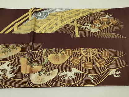平和屋着物●太鼓柄袋帯　渡橋立波松文　金彩　正絹　逸品　DAAT7529ob