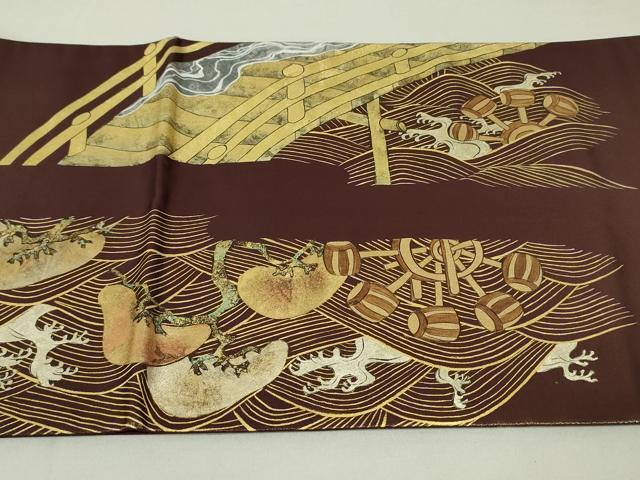 平和屋着物●太鼓柄袋帯　渡橋立波松文　金彩　正絹　逸品　DAAT7529ob