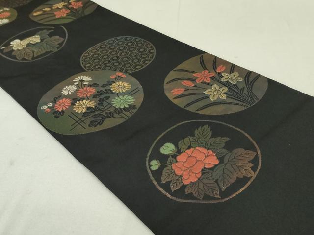 平和屋着物●六通柄 本袋帯 亀甲草花丸文 黒地 金糸 引箔 正絹 逸品 DAAT7654ob