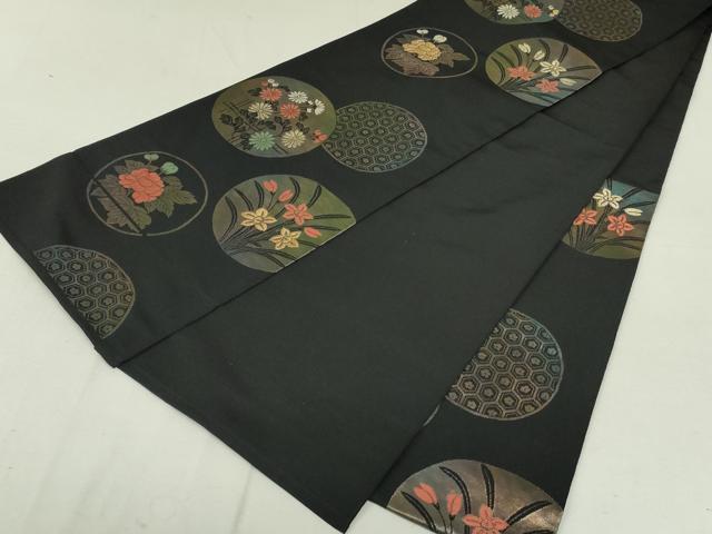 平和屋着物●六通柄 本袋帯 亀甲草花丸文 黒地 金糸 引箔 正絹 逸品 DAAT7654ob