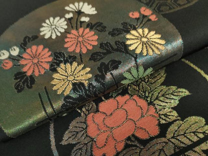 平和屋着物●六通柄 本袋帯 亀甲草花丸文 黒地 金糸 引箔 正絹 逸品 DAAT7654ob