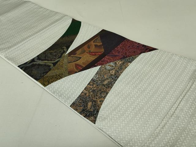 平和屋着物●太鼓柄袋帯 切嵌更紗花横段文 銀糸 正絹 逸品 DAAT7656ob