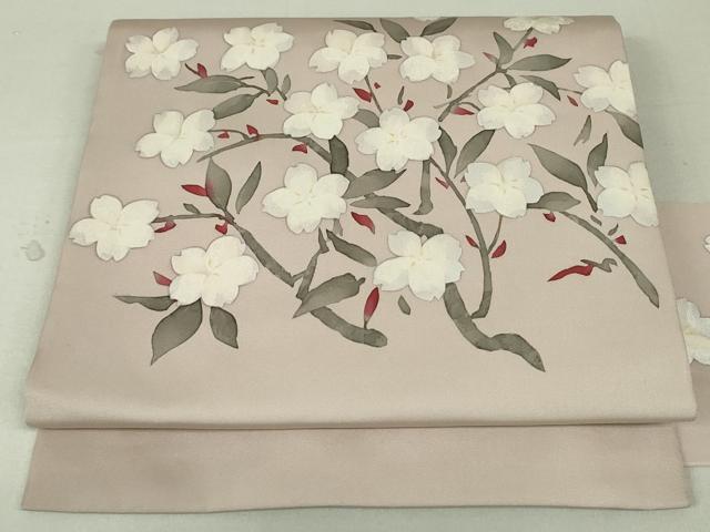 平和屋着物●塩瀬 九寸名古屋帯 手描き 枝桜文 金銀彩 正絹 逸品 DAAT7692ob