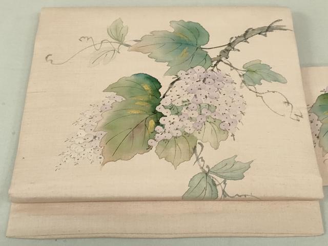 平和屋着物●内山晴祥　手描き　九寸名古屋帯　紬地　葡萄蔦の葉文　金彩　正絹　逸品　DAAT7707ob