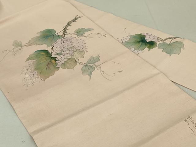 平和屋着物●内山晴祥　手描き　九寸名古屋帯　紬地　葡萄蔦の葉文　金彩　正絹　逸品　DAAT7707ob