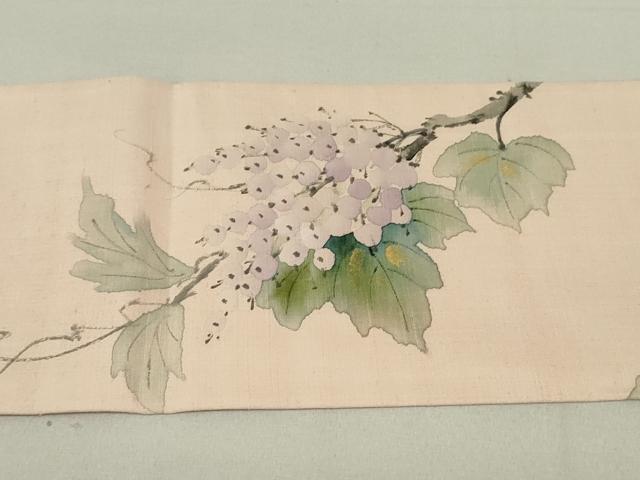 平和屋着物●内山晴祥　手描き　九寸名古屋帯　紬地　葡萄蔦の葉文　金彩　正絹　逸品　DAAT7707ob