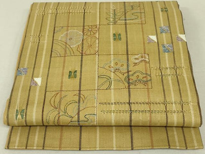 平和屋着物●太鼓柄袋帯　刺繍　刺子　色紙草花松文　金糸　正絹　逸品　DAAT7753ob