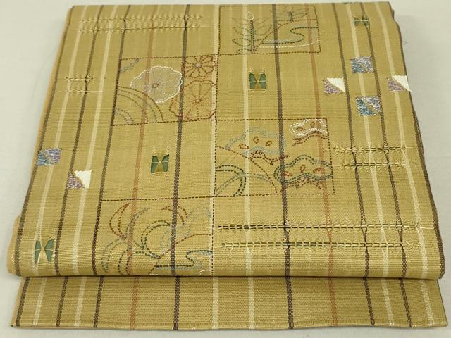平和屋着物●太鼓柄袋帯　刺繍　刺子　色紙草花松文　金糸　正絹　逸品　DAAT7753ob