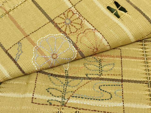 平和屋着物●太鼓柄袋帯　刺繍　刺子　色紙草花松文　金糸　正絹　逸品　DAAT7753ob