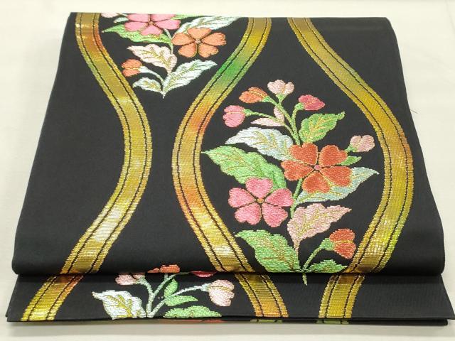 平和屋着物●六通柄 本袋帯 立枠小花紋 黒地 金糸 正絹 逸品 DAAT7869ob