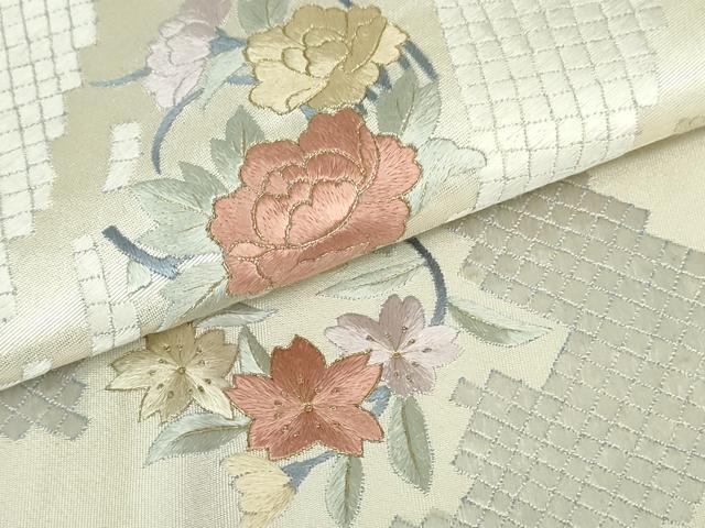 平和屋着物●太鼓柄袋帯 総刺繍 草花文 金銀糸 引箔 正絹 逸品 DAAT7906ob