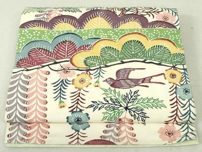 平和屋着物●九寸開き名古屋帯　紬地　型染め　花鳥文　正絹　逸品　DAAT7943ob
