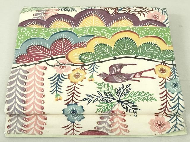 平和屋着物●九寸開き名古屋帯　紬地　型染め　花鳥文　正絹　逸品　DAAT7943ob