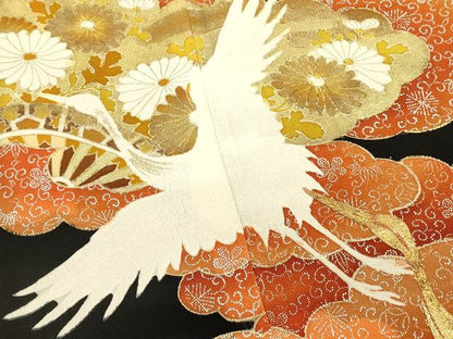 平和屋着物■豪華黒留袖　駒刺繍　雲取り飛鶴花文　金彩　正絹　逸品　DAAT8257qp