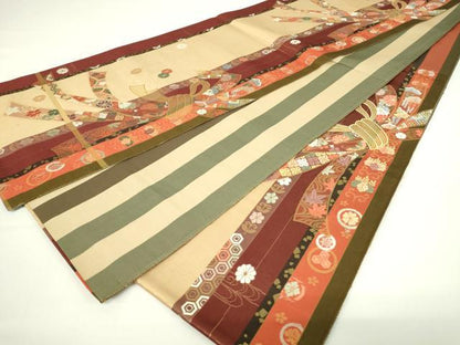 平和屋着物◎両面　六通柄袋帯　唐織　束ね熨斗吉祥文　金糸　正絹　逸品　DAAT8334qp
