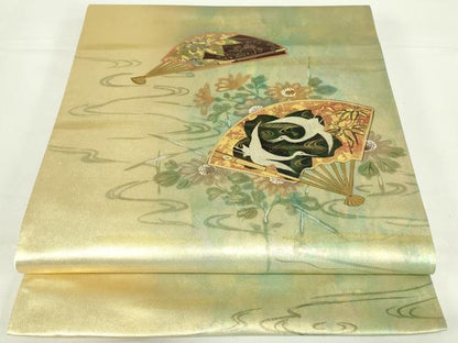 平和屋着物◎六通柄袋帯　手描き　扇面飛鶴花文　金彩　正絹　逸品　DAAT8509qp