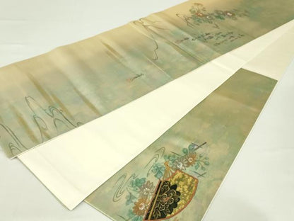 平和屋着物◎六通柄袋帯　手描き　扇面飛鶴花文　金彩　正絹　逸品　DAAT8509qp