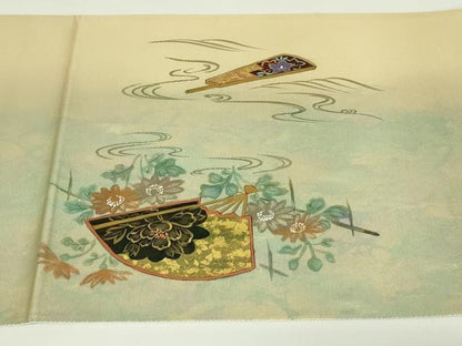 平和屋着物◎六通柄袋帯　手描き　扇面飛鶴花文　金彩　正絹　逸品　DAAT8509qp